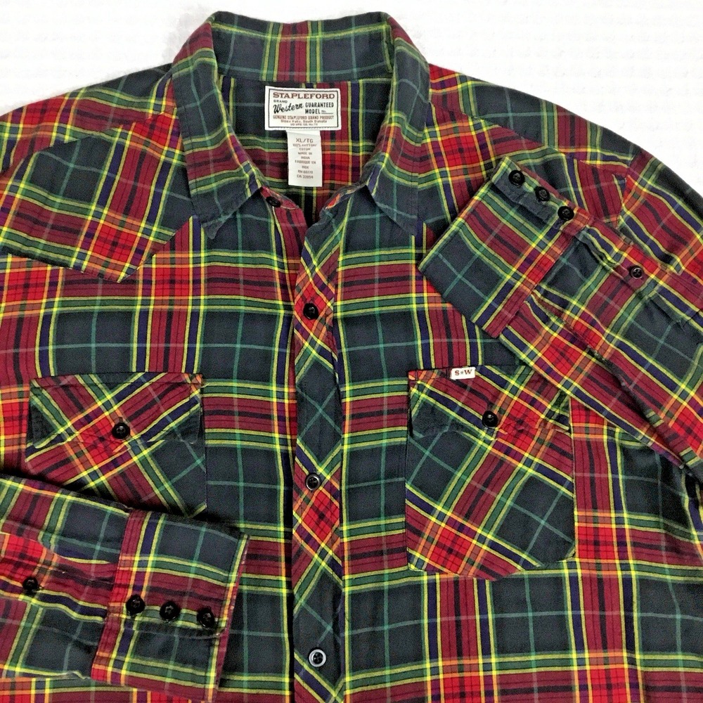 Stapleford Mens XL Western Plaid Button Up Shirt Red Green Cotton Long Sleeve